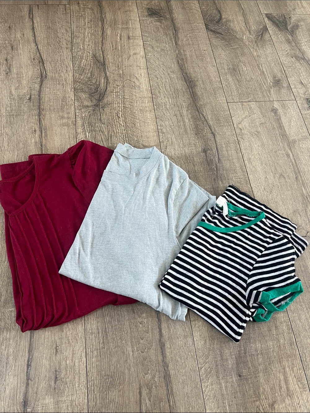 Three Casual Tops - Burgundy, Light Gray, Black & White Stripe with Green Trim